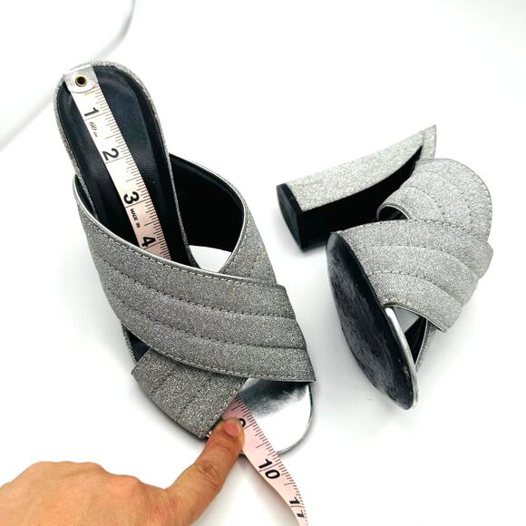 GUCCI Glitter Fabric Webby Crossover High Heel Slide Sandals in Argento 38.5 - Picture 5 of 14